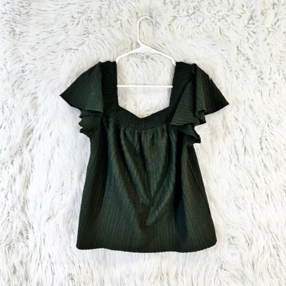 Loft dark olive green textured smocked square neck blouse